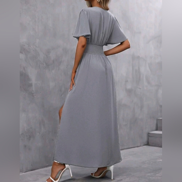 NEW Chic Ruched Waist Flutter Sleeve Maxi Dress Gray - Picture 5 of 9